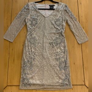 Pisarro Nights Womens Beaded Rhinestone Cocktail Formal Midi Silver NEW 8 disc*